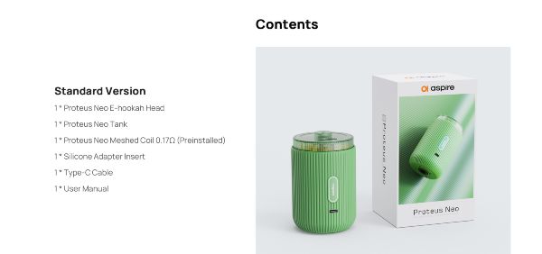 Aspire Proteus Neo electronic shisha kit contents
