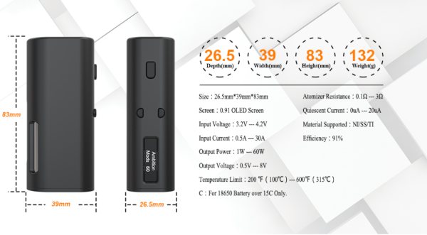 Onebar Ambition Mods X R-S-S- Mods Box Mod 60W technical specifications