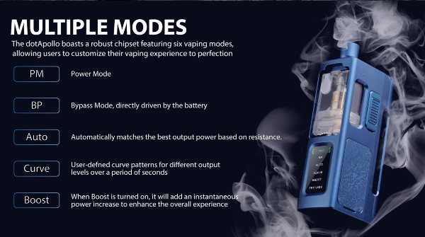 dotapollo dotmod sigaretta elettronica con modalità power bypass auto curve boost
