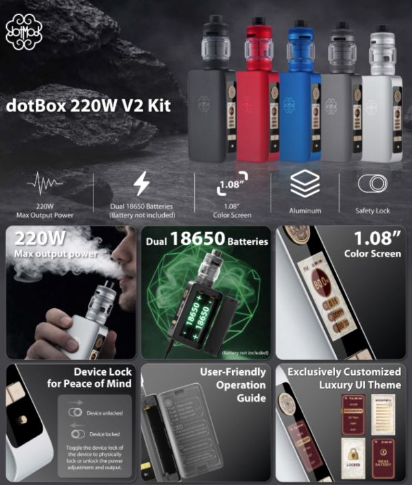 dotbox 220w V2 kit dotmod caratteristiche tecniche sigaretta elettronica