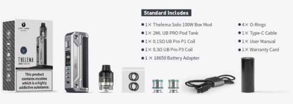 thelema solo 100w lost vape package contents