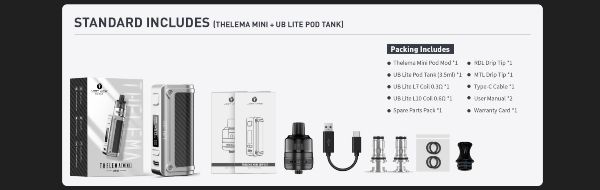thelema mini ub lite pod tank kit lost vape contenuto della confezione