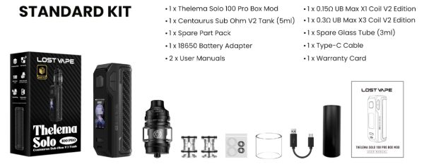 thelema solo 100w pro lost vape kit contenuto della confezione