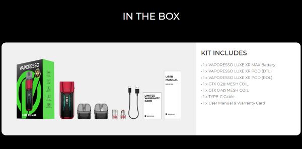 Luxe XR Max Vaporesso Pod Mod Kit contenuto della confezione