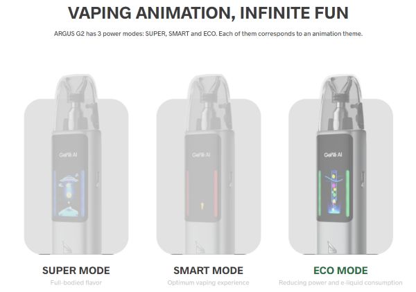 argus g2 voopoo sigaretta elettronica con modalità di svapo eco smart e super