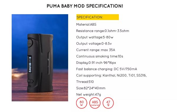 puma baby box mod 80w technical features