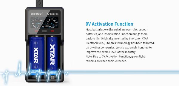 VC2S XTAR Battery Charger function of charging exhausted batteries
