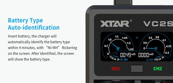 VC2S XTAR Battery Charger automatic battery identification